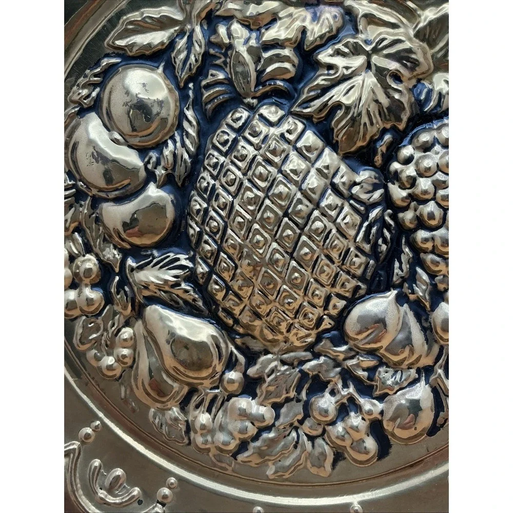 Vintage English 2 Tin Wall Plates Fruit Still Life Gold Tone Blue/Black Ground